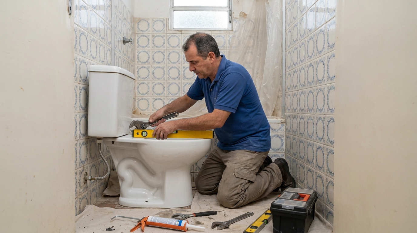 Técnico instalando vaso sanitário em Ananindeua‑PA